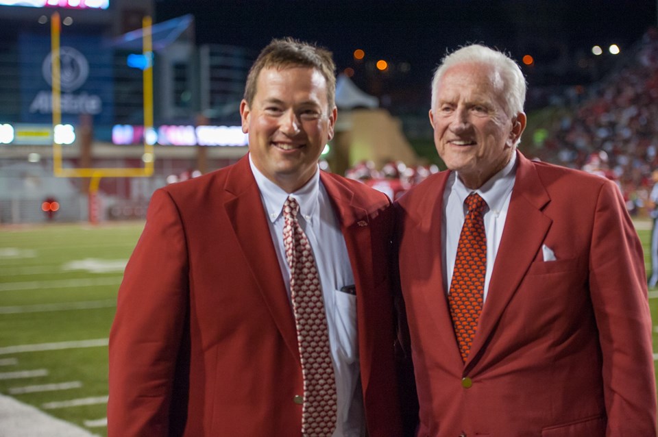 Trainor and legendary Arkansas head football coach and athletics director Frank Broyles on the football sideline. Trainor worked for Coach Broyles for many years before planning his memorial service following his passing in 2017